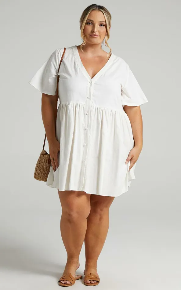 Showpo Staycation Vneck Mini Dress In White Women Curve Clothes