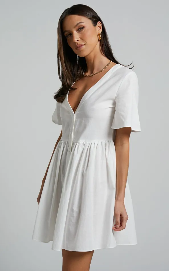 Showpo Staycation Vneck Mini Dress In White Women Curve Clothes