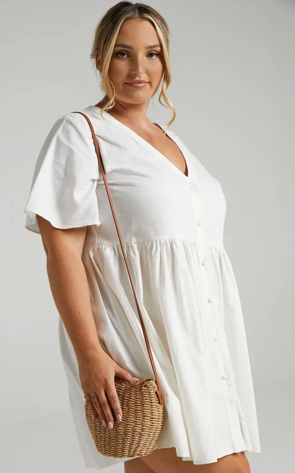 Showpo Staycation Vneck Mini Dress In White Women Curve Clothes