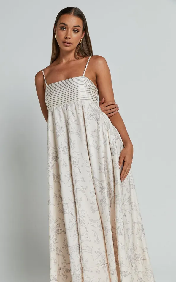 Showpo Stefania Midi Dress 8211 Strappy Straight Neck Tiered Dress In Champange Print Women Dresses