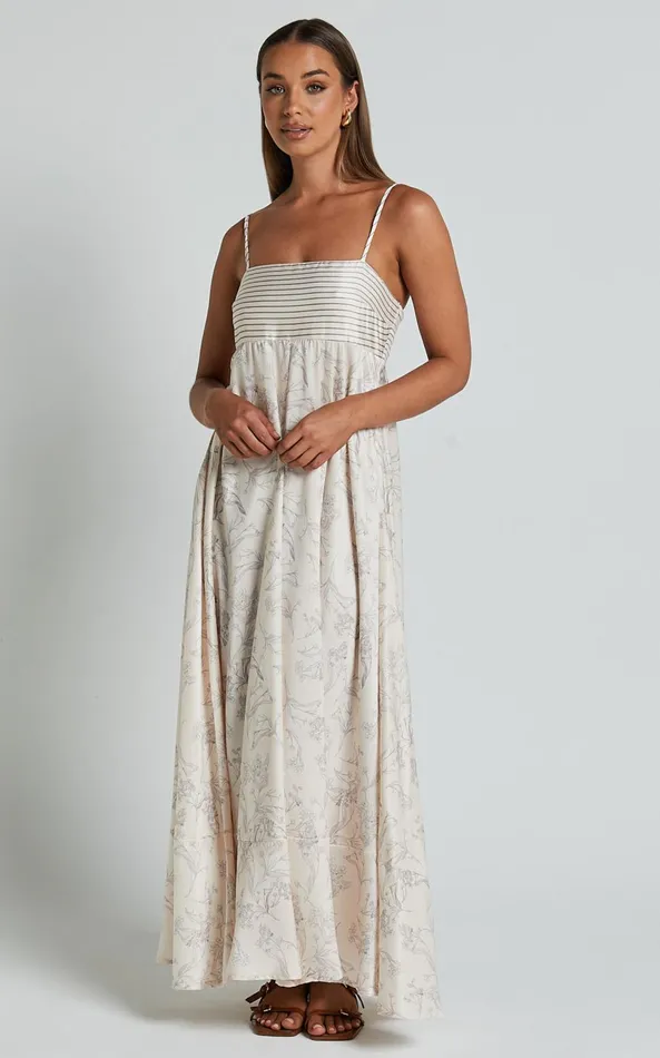 Showpo Stefania Midi Dress 8211 Strappy Straight Neck Tiered Dress In Champange Print Women Dresses