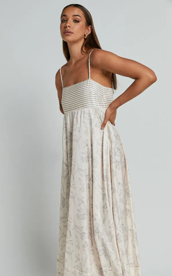 Showpo Stefania Midi Dress 8211 Strappy Straight Neck Tiered Dress In Champange Print Women Dresses
