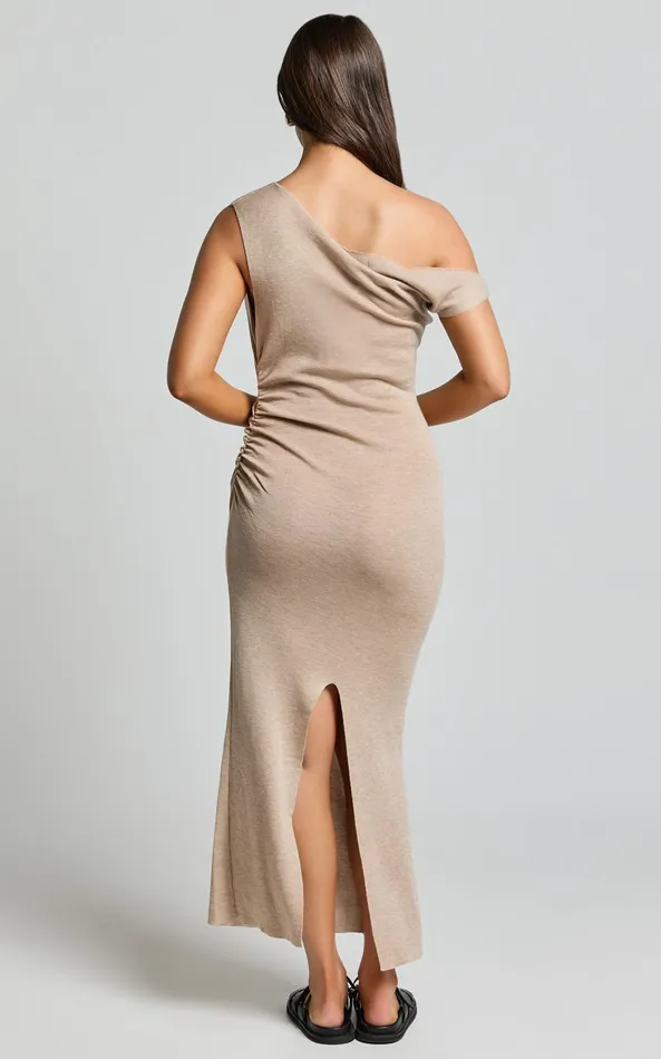 Showpo Stefanie Midi Dress 8211 Off The Shoulder Bodycon Knit Midi Dress In Beige Women Dresses