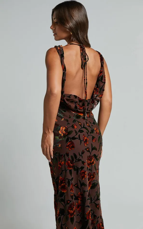 Showpo Stephania Midi Dress 8211 Cowl Neck Low Back Burnout Slip Dress In Chocolate Women Dresses