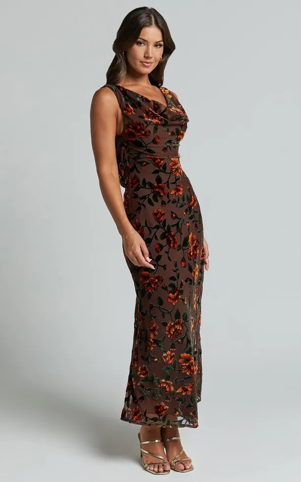 Showpo Stephania Midi Dress 8211 Cowl Neck Low Back Burnout Slip Dress In Chocolate Women Dresses