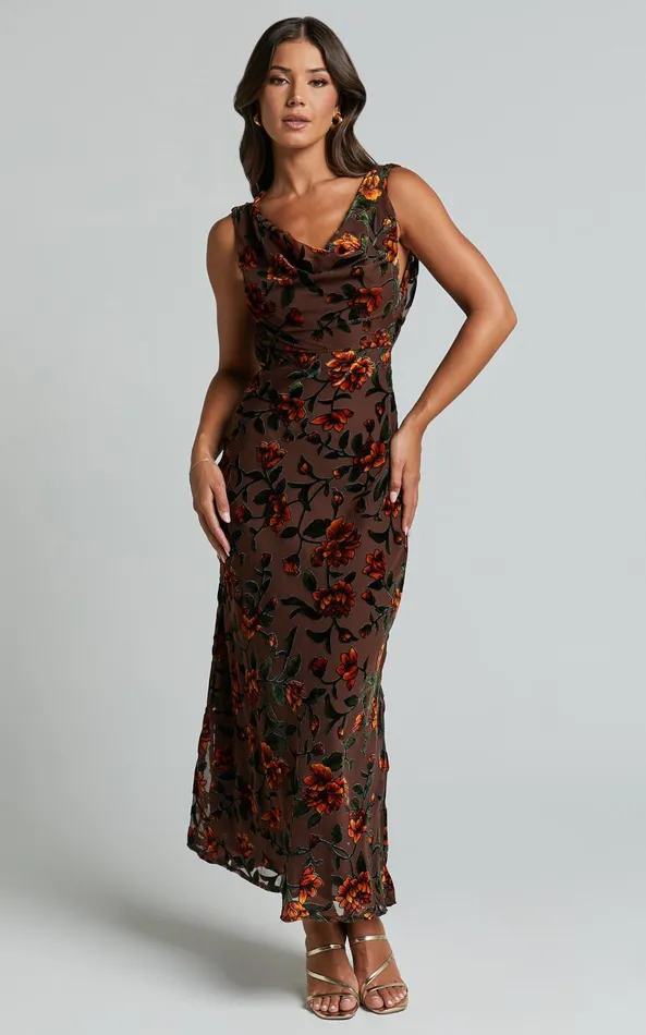 Showpo Stephania Midi Dress 8211 Cowl Neck Low Back Burnout Slip Dress In Chocolate Women Dresses