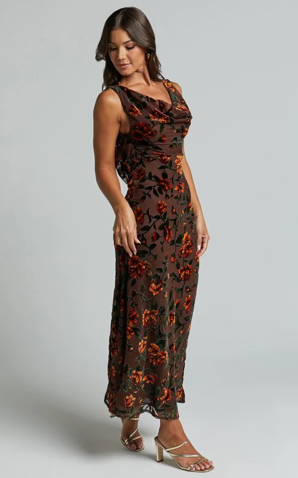 Showpo Stephania Midi Dress 8211 Cowl Neck Low Back Burnout Slip Dress In Chocolate Women Dresses