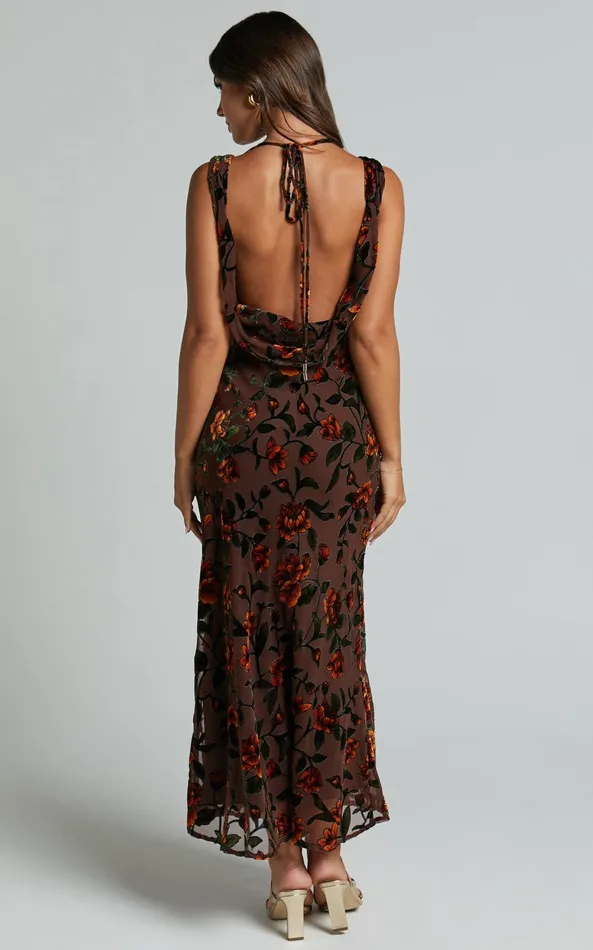 Showpo Stephania Midi Dress 8211 Cowl Neck Low Back Burnout Slip Dress In Chocolate Women Dresses
