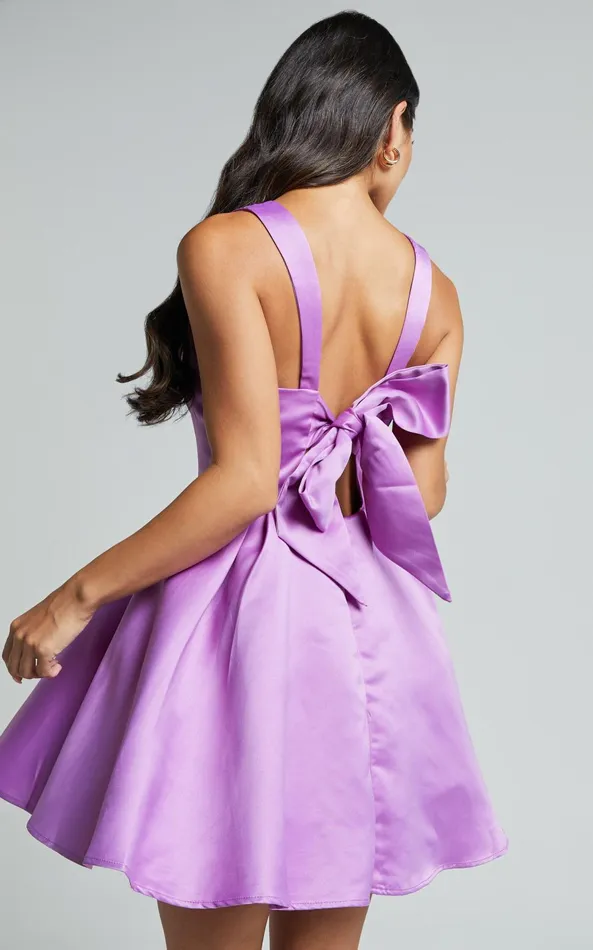 Showpo Stephanie Mini Dress 8211 Satin Square Neck Tie Back Dress In Orchid Women Dresses