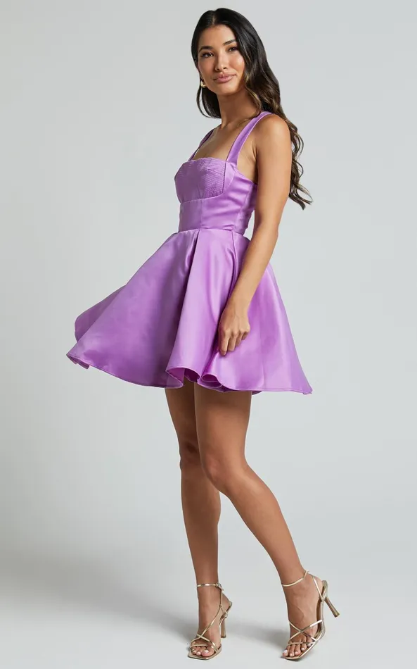 Showpo Stephanie Mini Dress 8211 Satin Square Neck Tie Back Dress In Orchid Women Dresses