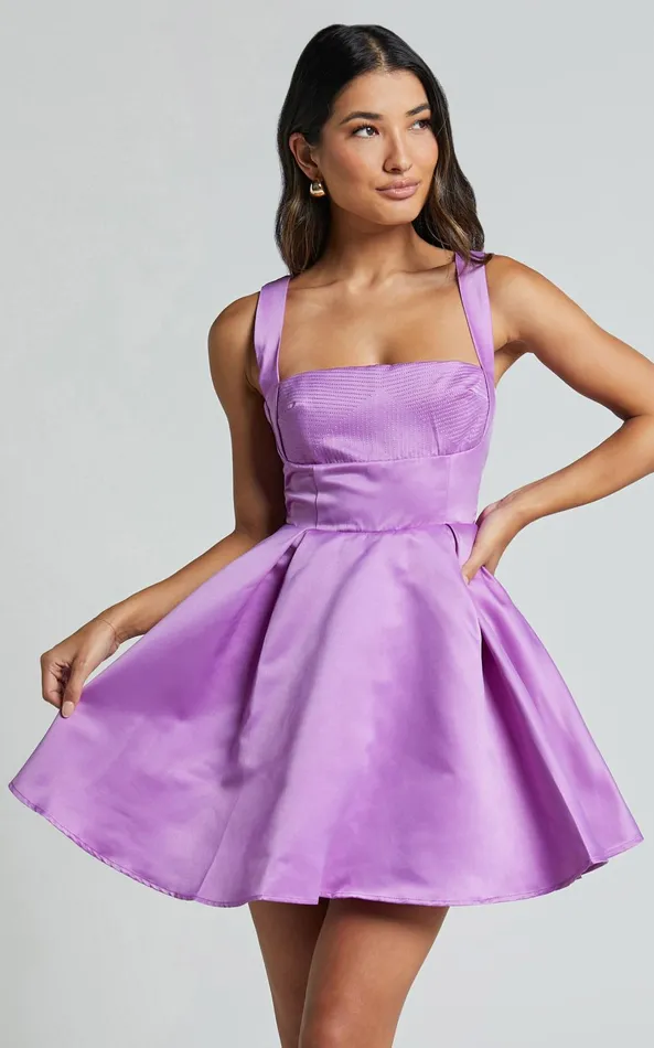Showpo Stephanie Mini Dress 8211 Satin Square Neck Tie Back Dress In Orchid Women Dresses