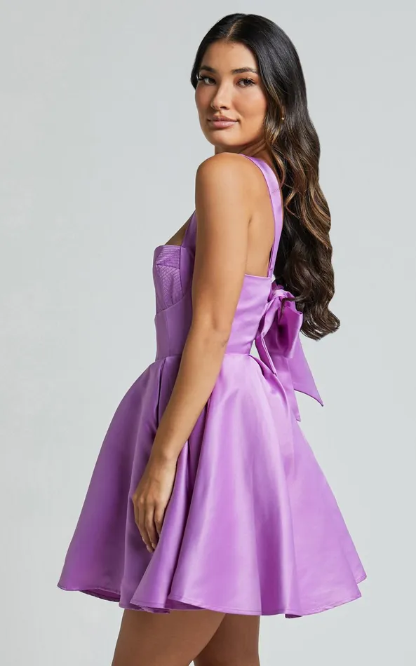 Showpo Stephanie Mini Dress 8211 Satin Square Neck Tie Back Dress In Orchid Women Dresses