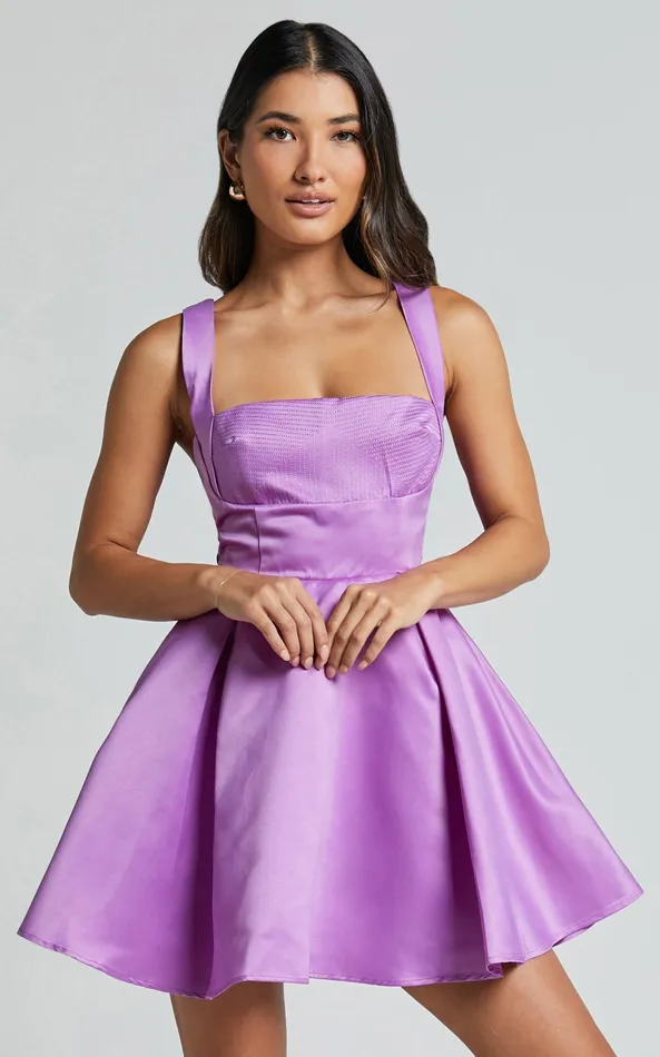 Showpo Stephanie Mini Dress 8211 Satin Square Neck Tie Back Dress In Orchid Women Dresses