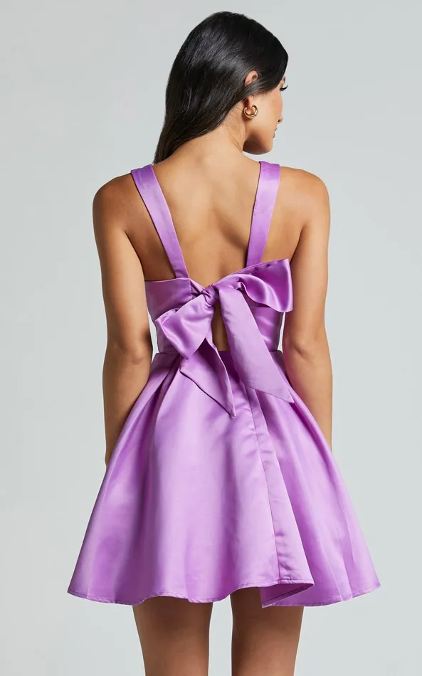 Showpo Stephanie Mini Dress 8211 Satin Square Neck Tie Back Dress In Orchid Women Dresses