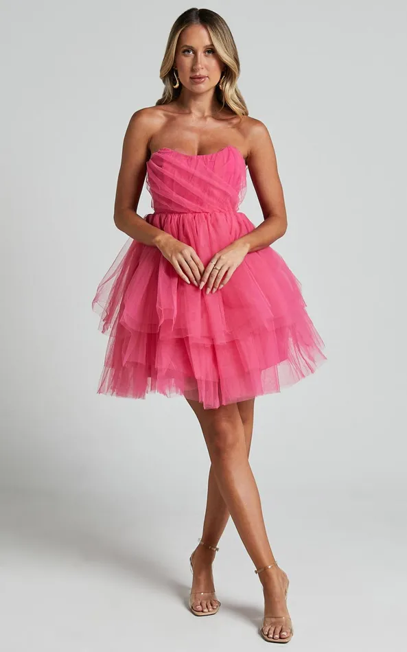 Showpo Stephy Mini Dress 8211 Strapless Tiered Tulle In Pink Women Dresses