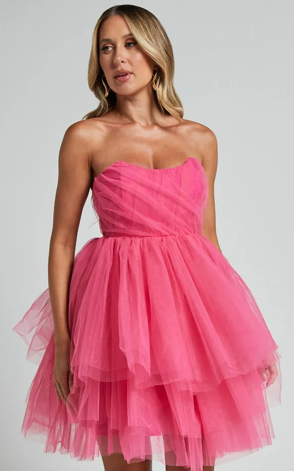 Showpo Stephy Mini Dress 8211 Strapless Tiered Tulle In Pink Women Dresses