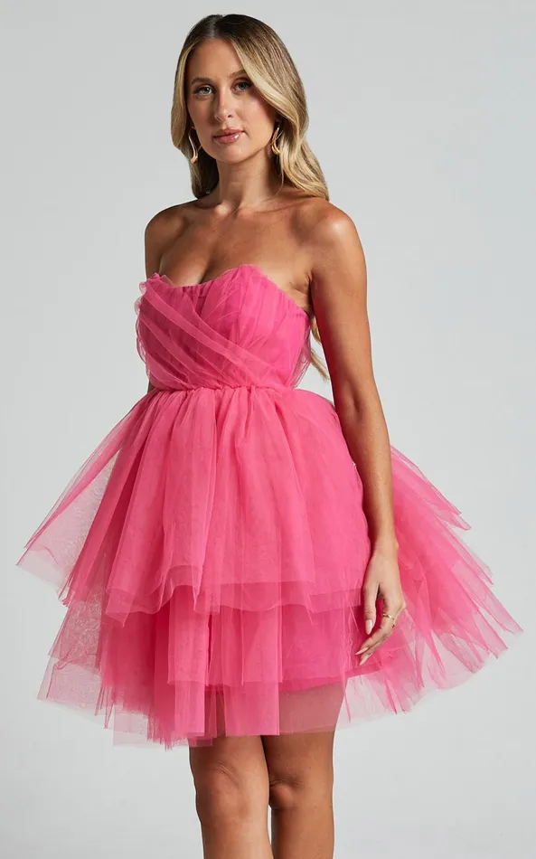 Showpo Stephy Mini Dress 8211 Strapless Tiered Tulle In Pink Women Dresses