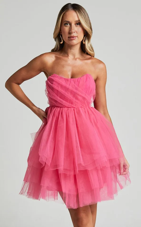 Showpo Stephy Mini Dress 8211 Strapless Tiered Tulle In Pink Women Dresses