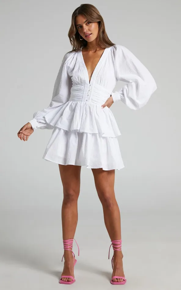 Showpo Suki Mini Dress 8211 Plunge Neck Balloon Sleeve Tiered Ruffle Dress In White Women Dresses Showpo Suki Mini Dress 8211 Plunge Neck Balloon Sleeve Tiered Ruffle Dress In White Women Dresses