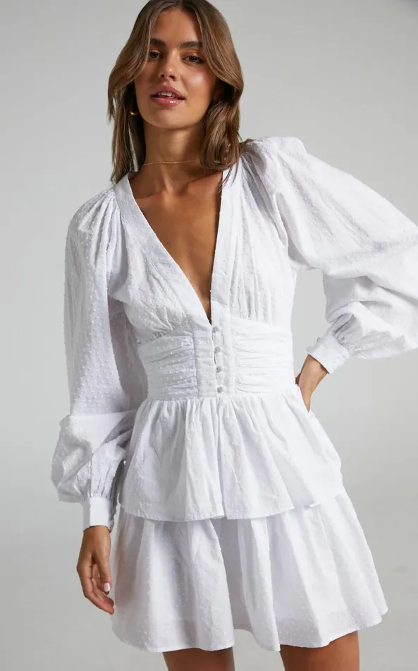 Showpo Suki Mini Dress 8211 Plunge Neck Balloon Sleeve Tiered Ruffle Dress In White Women Dresses
