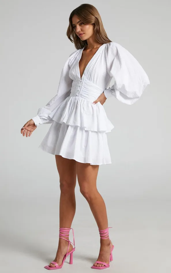 Showpo Suki Mini Dress 8211 Plunge Neck Balloon Sleeve Tiered Ruffle Dress In White Women Dresses