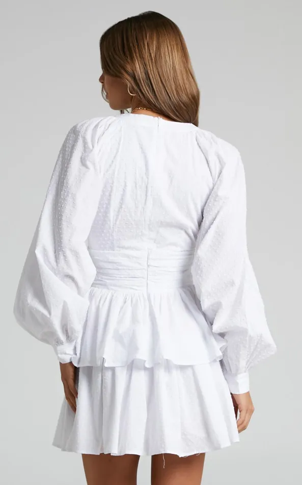 Showpo Suki Mini Dress 8211 Plunge Neck Balloon Sleeve Tiered Ruffle Dress In White Women Dresses