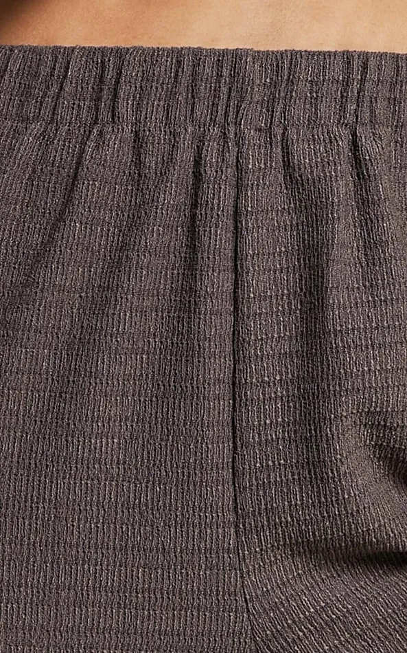 Showpo Suki Pants 8211 Elasticated High Waist Wide Leg Textured Pants In Dark Oak Women Pants