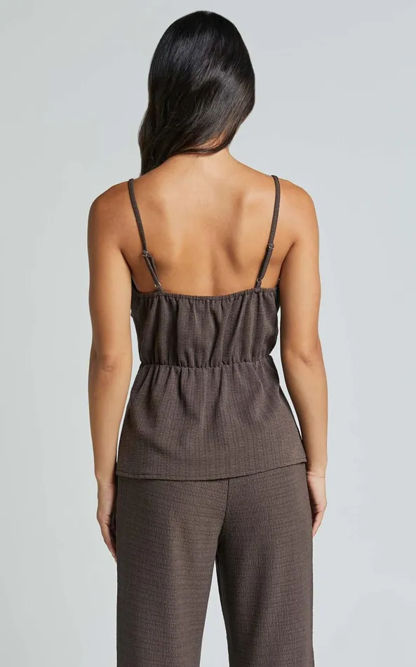 Showpo Suki Top 8211 Ruched Bust Cami Top In Dark Oak Women Tops