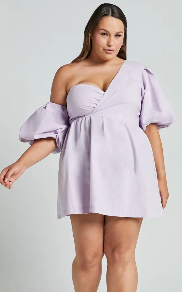 Showpo Sula Mini Dress 8211 Asymmetric Off One Shoulder Puff Sleeve Dress In Lilac Women Curve Clothes