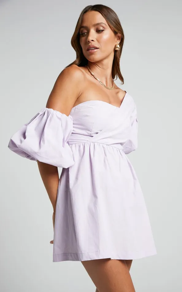 Showpo Sula Mini Dress 8211 Asymmetric Off One Shoulder Puff Sleeve Dress In Lilac Women Curve Clothes