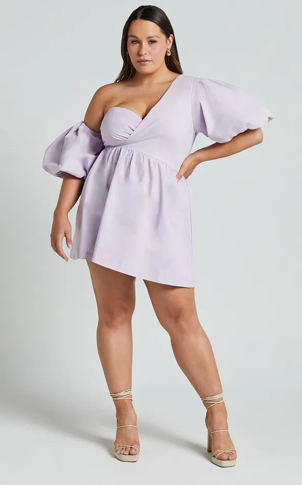 Showpo Sula Mini Dress 8211 Asymmetric Off One Shoulder Puff Sleeve Dress In Lilac Women Curve Clothes