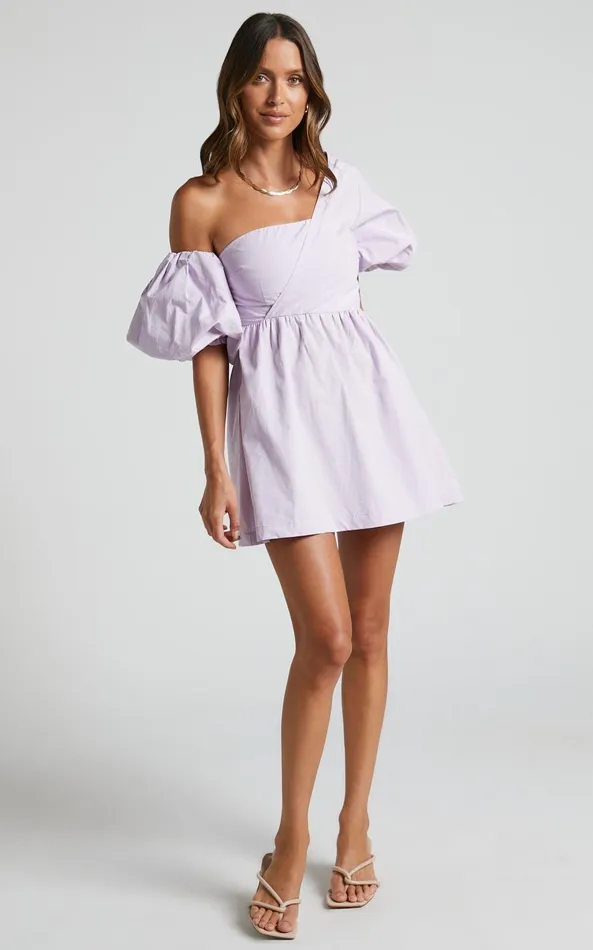 Showpo Sula Mini Dress 8211 Asymmetric Off One Shoulder Puff Sleeve Dress In Lilac Women Curve Clothes