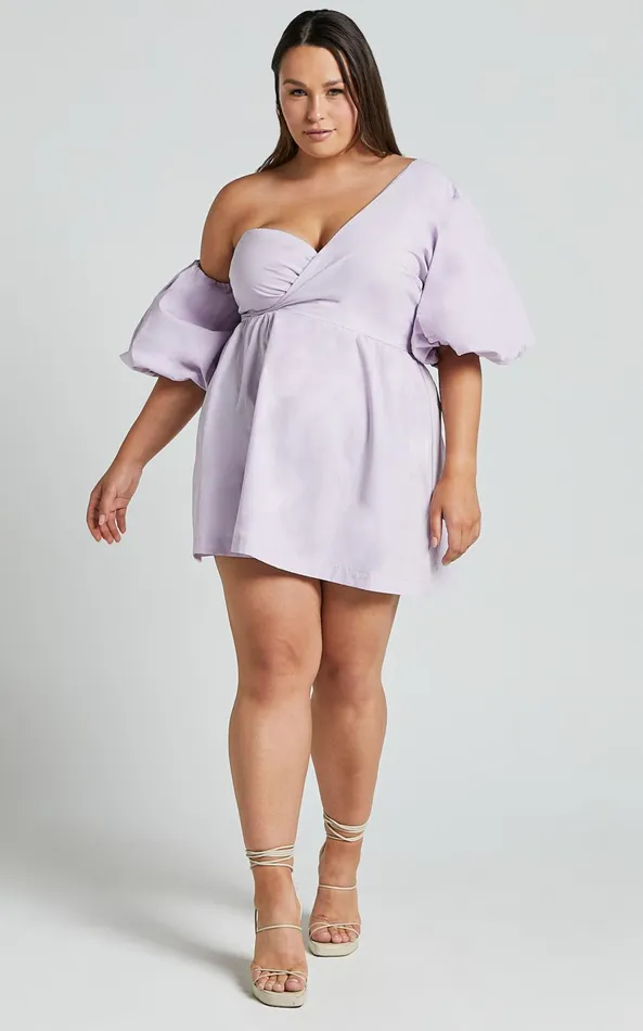 Showpo Sula Mini Dress 8211 Asymmetric Off One Shoulder Puff Sleeve Dress In Lilac Women Curve Clothes