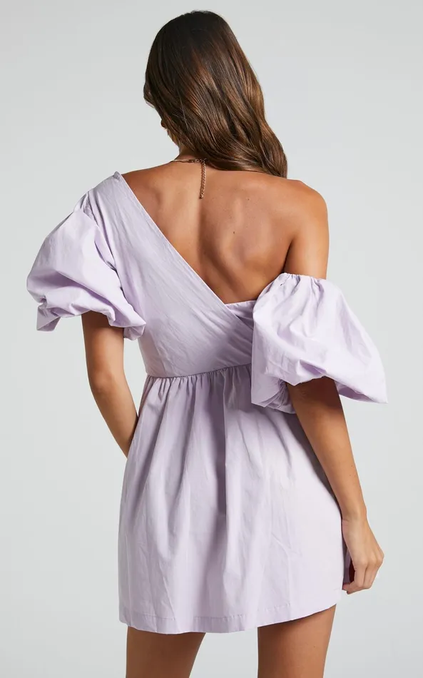 Showpo Sula Mini Dress 8211 Asymmetric Off One Shoulder Puff Sleeve Dress In Lilac Women Curve Clothes