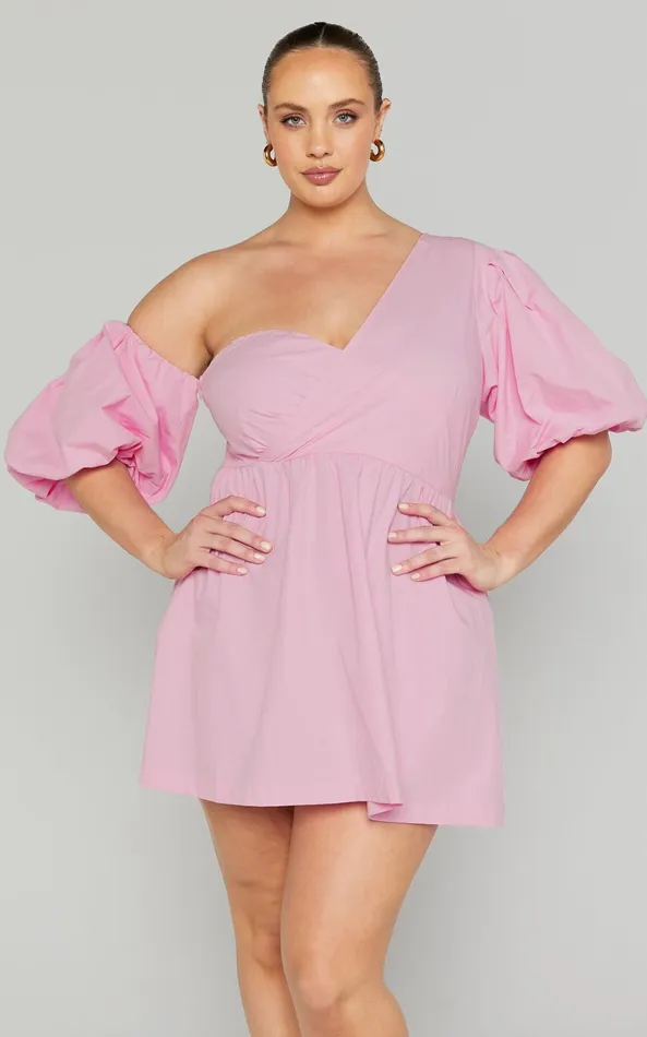 Showpo Sula Mini Dress 8211 Asymmetric Off One Shoulder Puff Sleeve Dress In Pink Women Curve Clothes