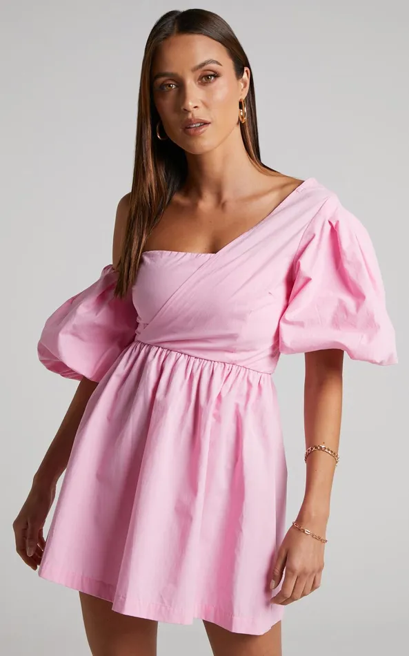 Showpo Sula Mini Dress 8211 Asymmetric Off One Shoulder Puff Sleeve Dress In Pink Women Curve Clothes