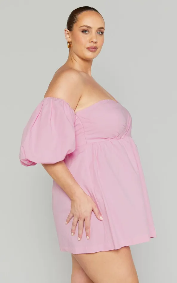 Showpo Sula Mini Dress 8211 Asymmetric Off One Shoulder Puff Sleeve Dress In Pink Women Curve Clothes