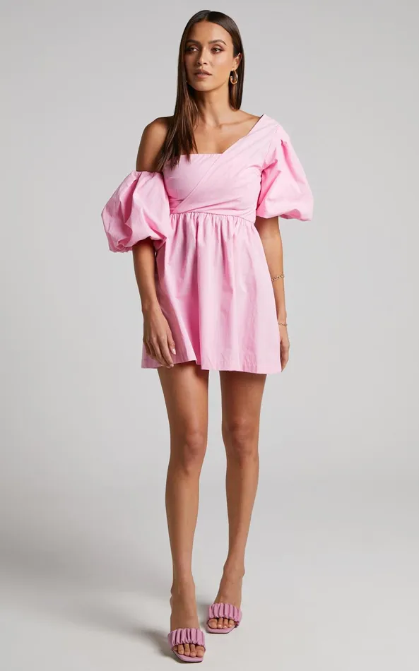 Showpo Sula Mini Dress 8211 Asymmetric Off One Shoulder Puff Sleeve Dress In Pink Women Curve Clothes