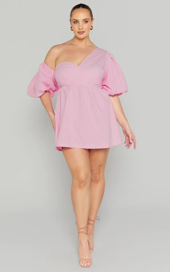 Showpo Sula Mini Dress 8211 Asymmetric Off One Shoulder Puff Sleeve Dress In Pink Women Curve Clothes