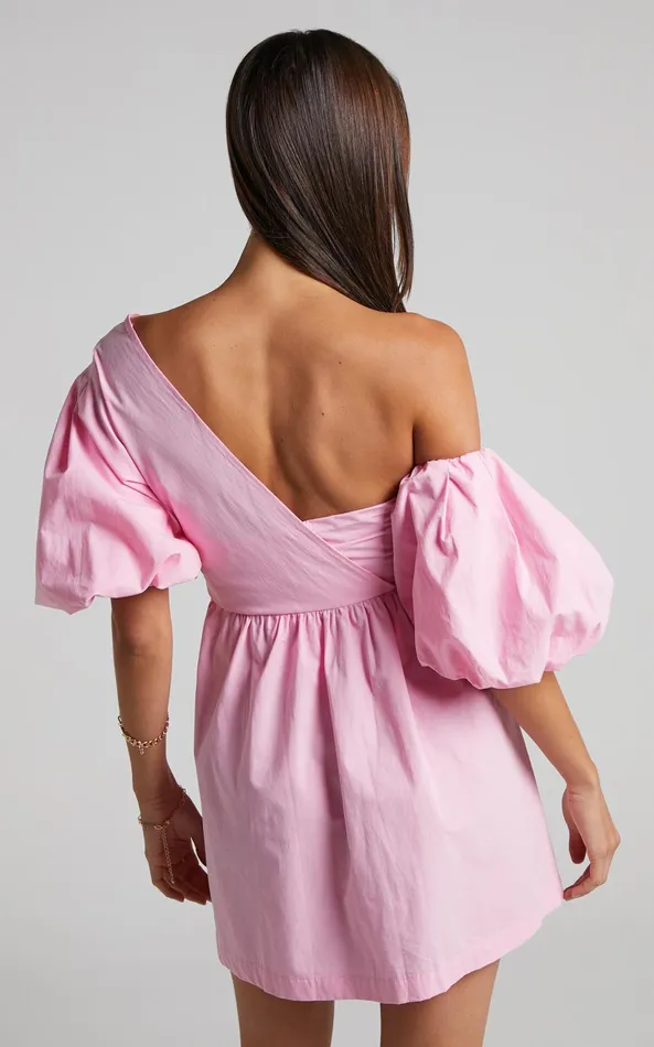Showpo Sula Mini Dress 8211 Asymmetric Off One Shoulder Puff Sleeve Dress In Pink Women Curve Clothes