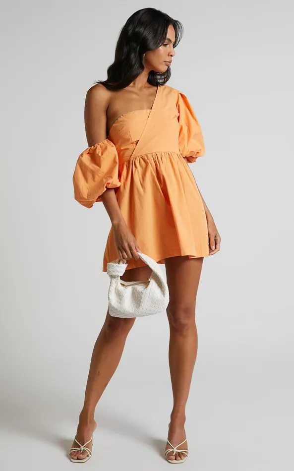 Showpo Sula Mini Dress 8211 Asymmetric Off One Shoulder Puff Sleeve Dress In Sherbet Orange Women Dresses