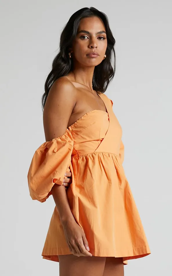 Showpo Sula Mini Dress 8211 Asymmetric Off One Shoulder Puff Sleeve Dress In Sherbet Orange Women Dresses