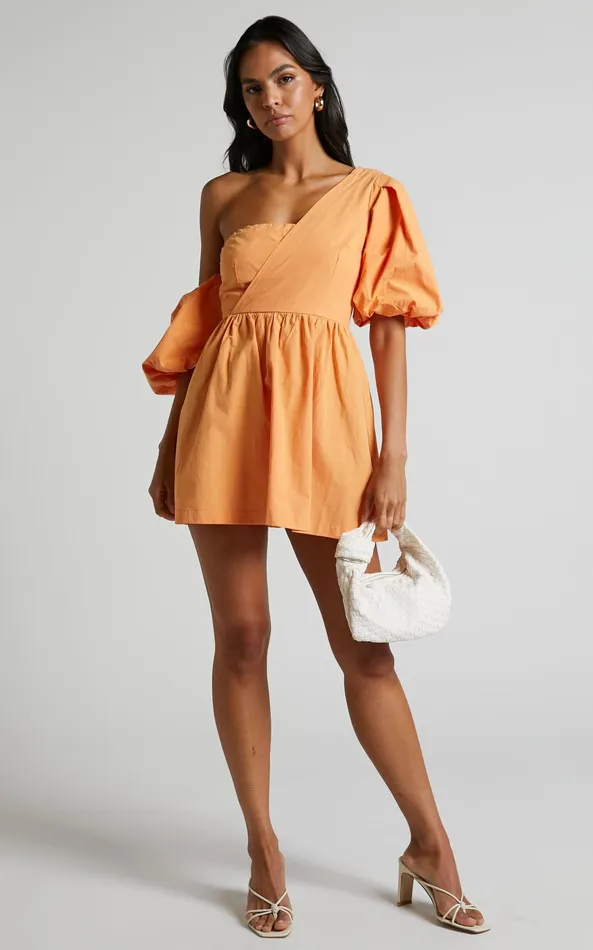 Showpo Sula Mini Dress 8211 Asymmetric Off One Shoulder Puff Sleeve Dress In Sherbet Orange Women Dresses