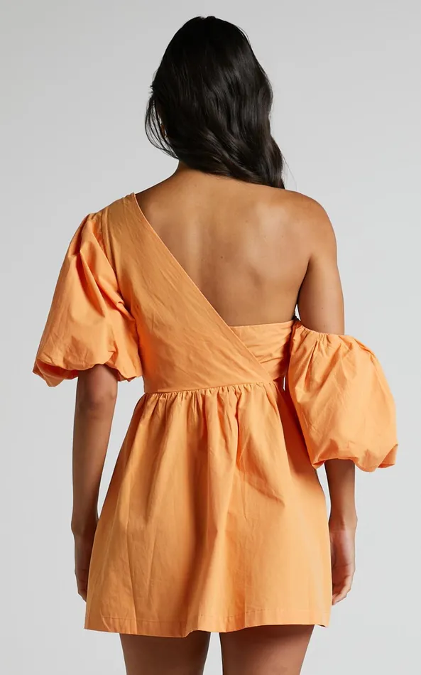 Showpo Sula Mini Dress 8211 Asymmetric Off One Shoulder Puff Sleeve Dress In Sherbet Orange Women Dresses