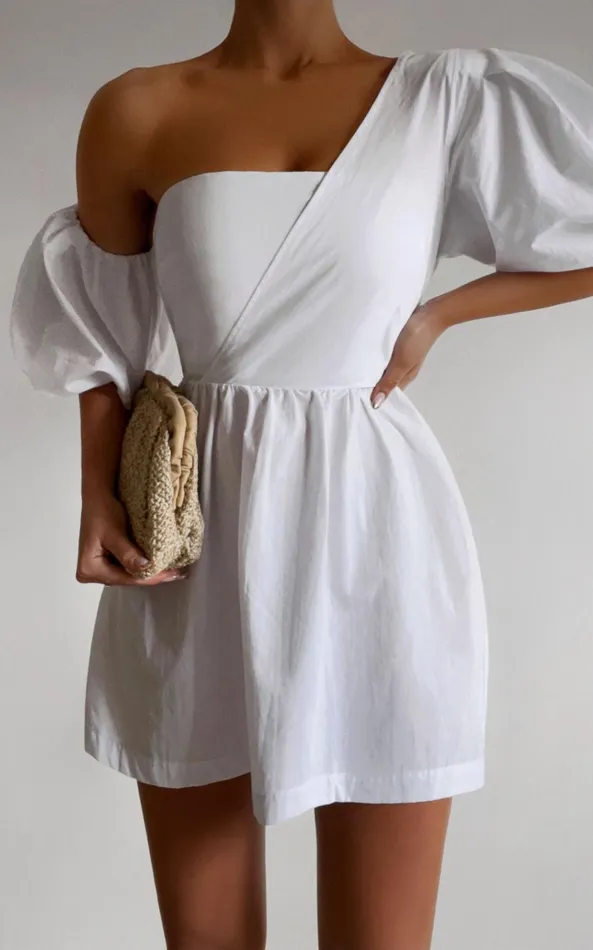 Showpo Sula Mini Dress 8211 Asymmetric Off One Shoulder Puff Sleeve Dress In White Women Curve Clothes