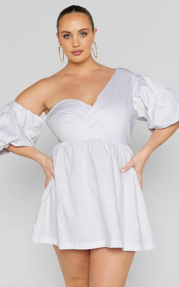 Showpo Sula Mini Dress 8211 Asymmetric Off One Shoulder Puff Sleeve Dress In White Women Curve Clothes
