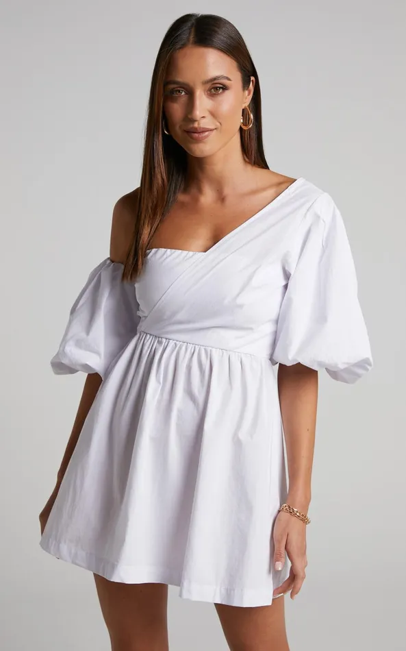 Showpo Sula Mini Dress 8211 Asymmetric Off One Shoulder Puff Sleeve Dress In White Women Curve Clothes