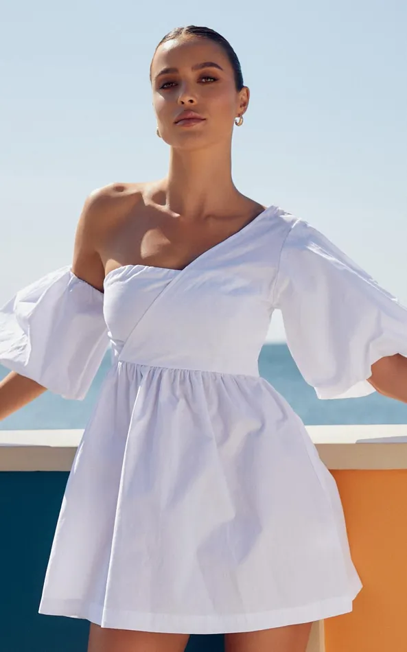 Showpo Sula Mini Dress 8211 Asymmetric Off One Shoulder Puff Sleeve Dress In White Women Curve Clothes