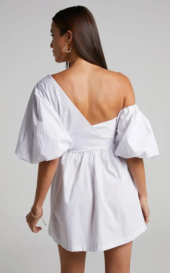 Showpo Sula Mini Dress 8211 Asymmetric Off One Shoulder Puff Sleeve Dress In White Women Curve Clothes