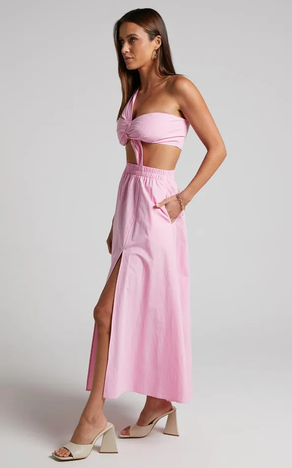 Showpo Sula Two Piece Set 8211 One Shoulder Bralette Crop Top And Midi Skirt Set In Pink Women Curve Clothes